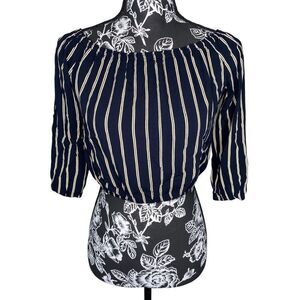 Brandy Melville Navy Stripe Off Shoulder Peasant Top Rayon Puff Sleeve Blouse
